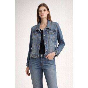 Earl Jean Womens Blue Denim Rhinestone Embellished Trucker Jacket Size L Stretch